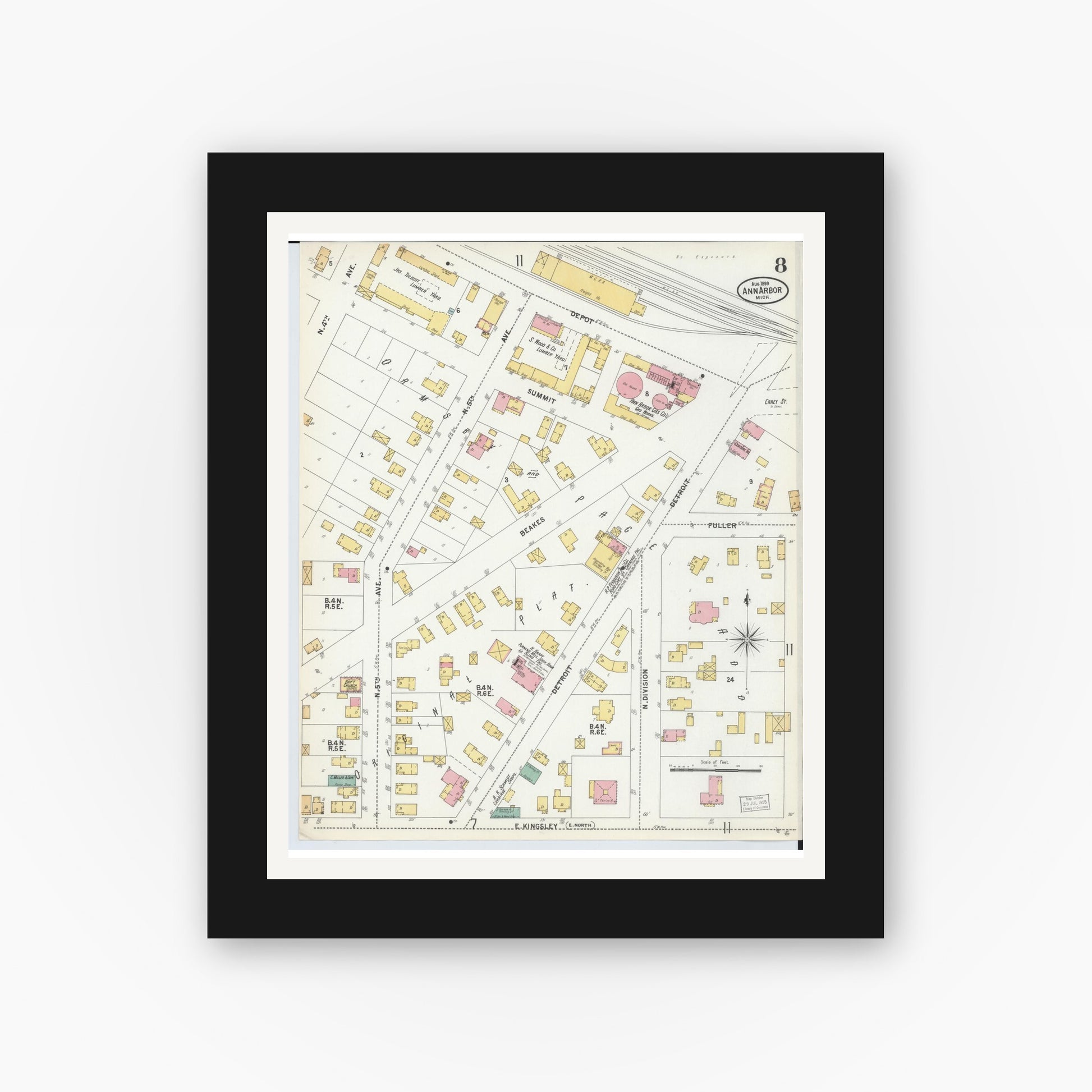 Old map wall art mockup — black gallery frame with white mat — Sanborn Fire Insurance Map from Ann Arbor, Washtenaw County, Michigan (1899), Sheet #0008