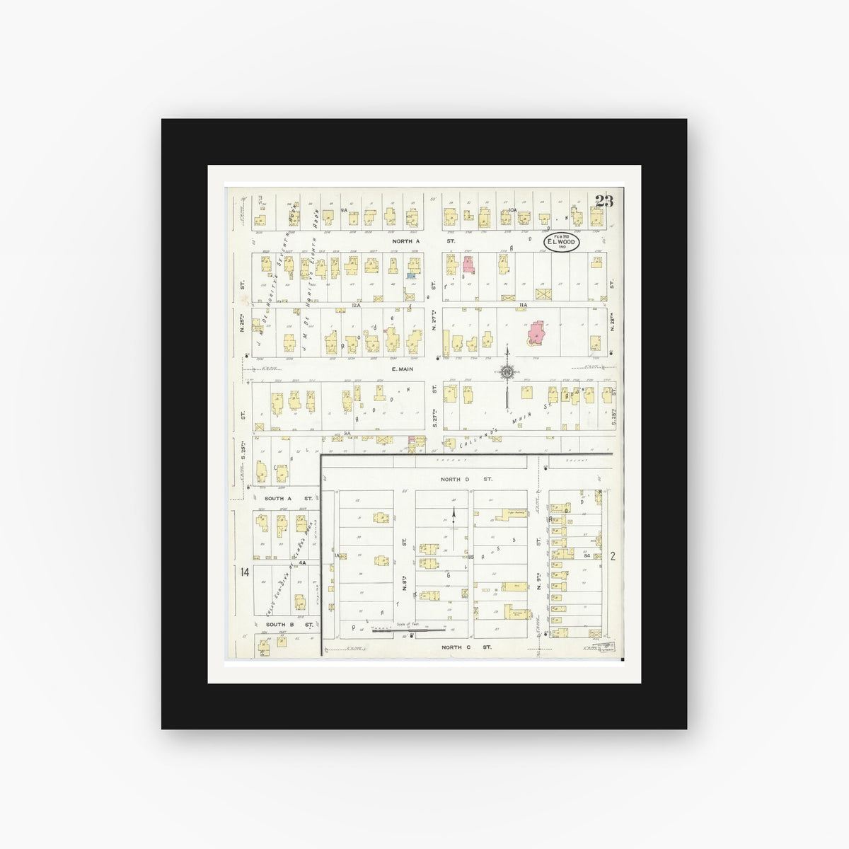 Old map wall art mockup — black gallery frame with white mat — Sanborn Fire Insurance Map from Elwood, Madison County, Indiana (1910), Sheet #0023