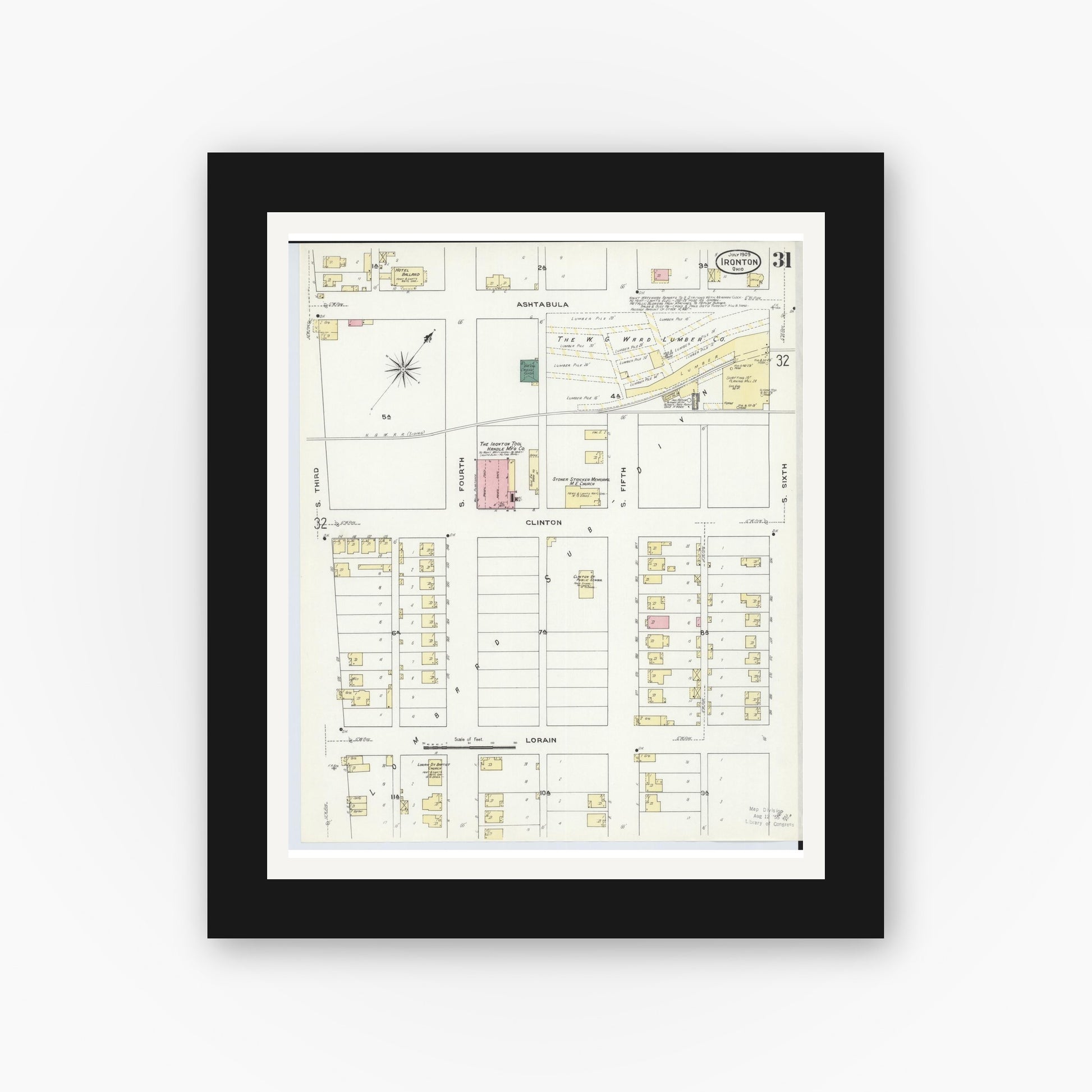 Old map wall art mockup — black gallery frame with white mat — Sanborn Fire Insurance Map from Ironton, Lawrence County, Ohio (1909), Sheet #0031