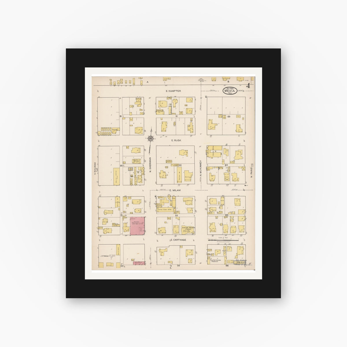 Old map wall art mockup — black gallery frame with white mat — Sanborn Fire Insurance Map from Mexia, Limestone County, Texas (1922), Sheet #0004