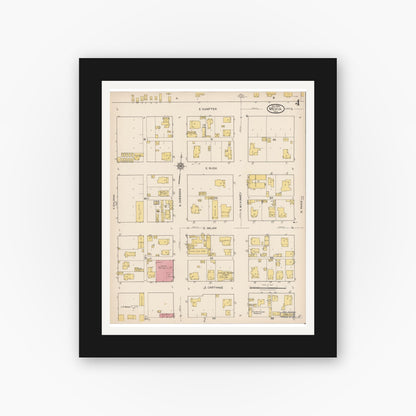 Old map wall art mockup — black gallery frame with white mat — Sanborn Fire Insurance Map from Mexia, Limestone County, Texas (1922), Sheet #0004