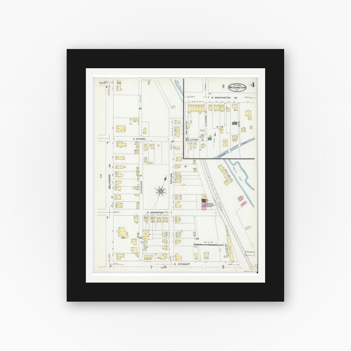 Old map wall art mockup — black gallery frame with white mat — Sanborn Fire Insurance Map from Washington, Warren County, New Jersey (1909), Sheet #0004