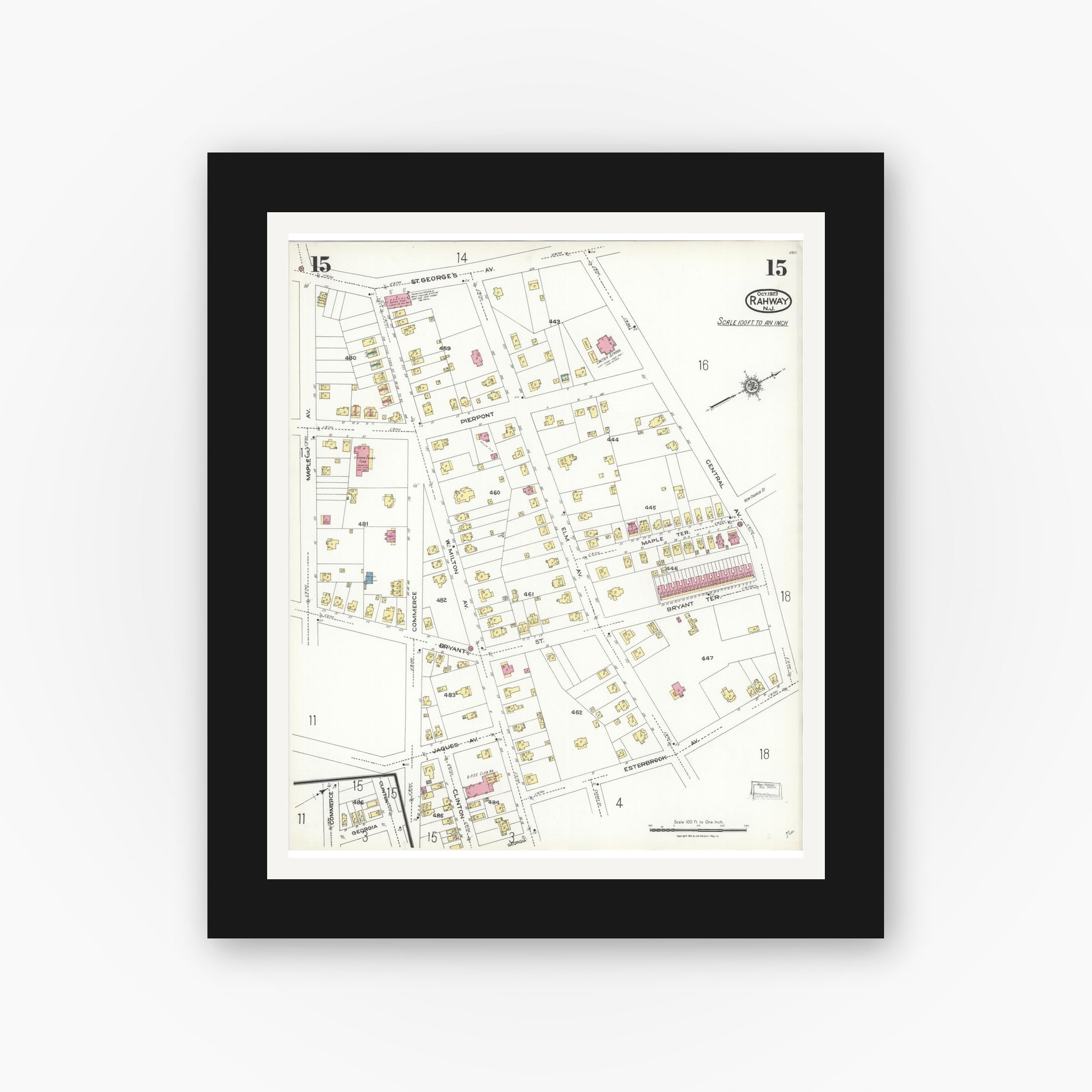 Old map wall art mockup — black gallery frame with white mat — Sanborn Fire Insurance Map from Rahway, Union County, New Jersey (1923), Sheet #0015
