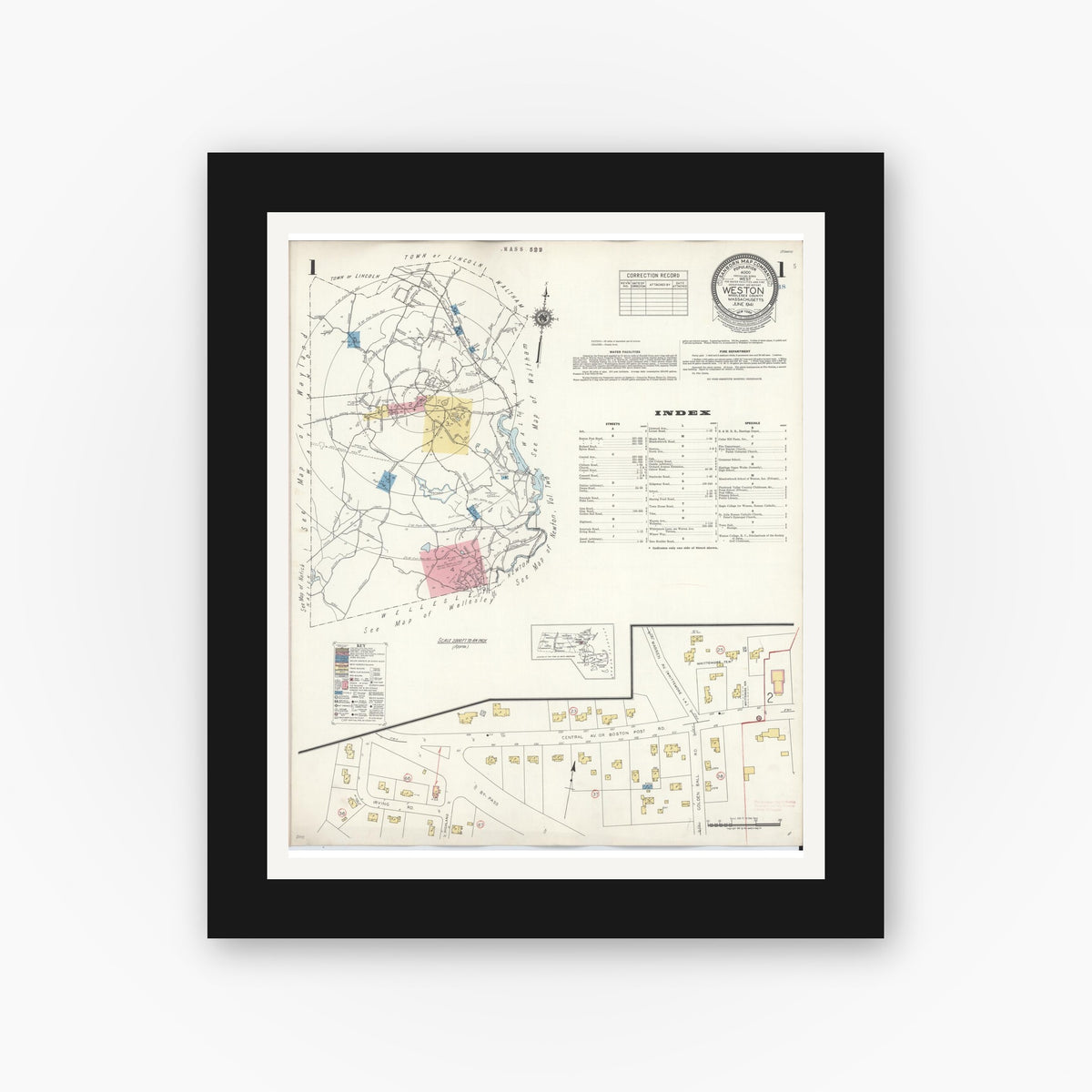 Old map wall art mockup — black gallery frame with white mat — Sanborn Fire Insurance Map from Weston, Middlesex County, Massachusetts (1941), Sheet #0001