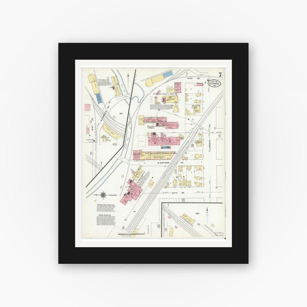 Old map wall art mockup — black gallery frame with white mat — Sanborn Fire Insurance Map from Goshen, Elkhart County, Indiana (1910), Sheet #0007