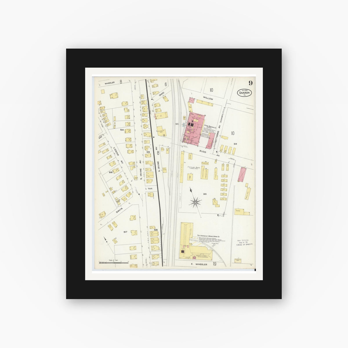 Old map wall art mockup — black gallery frame with white mat — Sanborn Fire Insurance Map from Sharon, Mercer County, Pennsylvania (1908), Sheet #0009