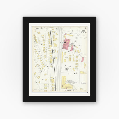 Old map wall art mockup — black gallery frame with white mat — Sanborn Fire Insurance Map from Sharon, Mercer County, Pennsylvania (1908), Sheet #0009