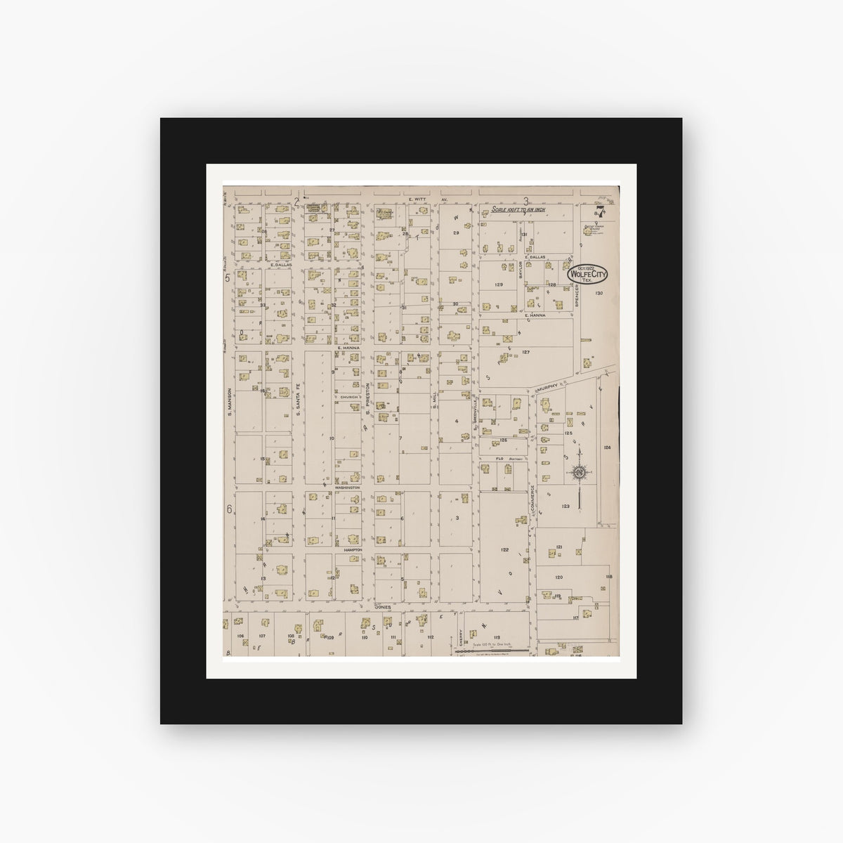 Old map wall art mockup — black gallery frame with white mat — Sanborn Fire Insurance Map from Wolfe City, Hunt County, Texas (1922), Sheet #0007