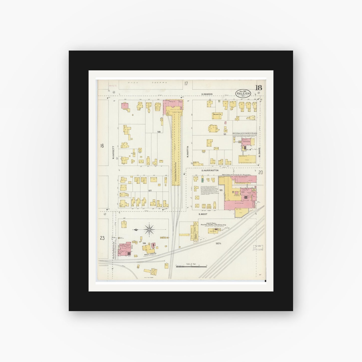 Old map wall art mockup — black gallery frame with white mat — Sanborn Fire Insurance Map from Raleigh, Wake County, North Carolina (1903), Sheet #0018