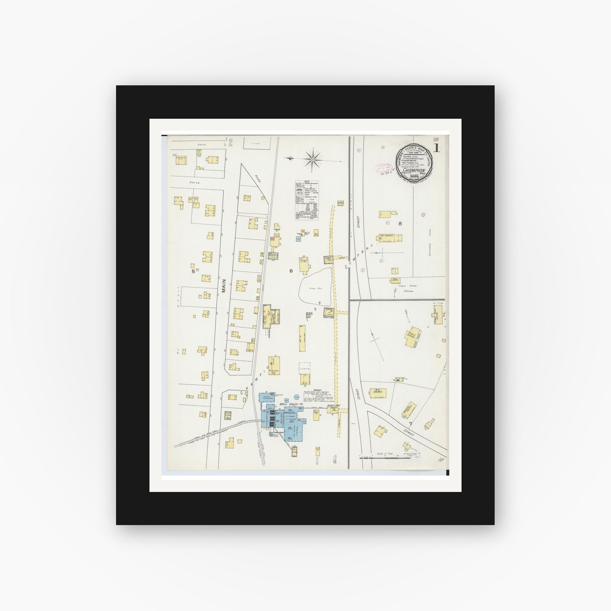 Old map wall art mockup — black gallery frame with white mat — Sanborn Fire Insurance Map from Champion, Marquette County, Michigan (1892), Sheet #0001