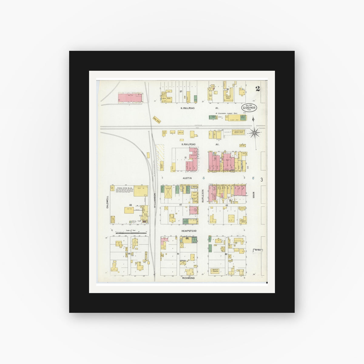 Old map wall art mockup — black gallery frame with white mat — Sanborn Fire Insurance Map from Giddings, Lee County, Texas (1901), Sheet #0002