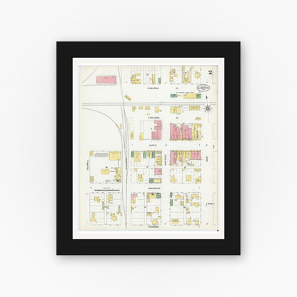 Old map wall art mockup — black gallery frame with white mat — Sanborn Fire Insurance Map from Giddings, Lee County, Texas (1901), Sheet #0002