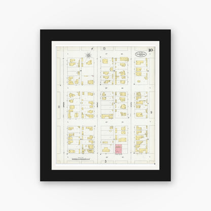 Old map wall art mockup — black gallery frame with white mat — Sanborn Fire Insurance Map from Texarkana, Bowie County, Texas (1900), Sheet #0010