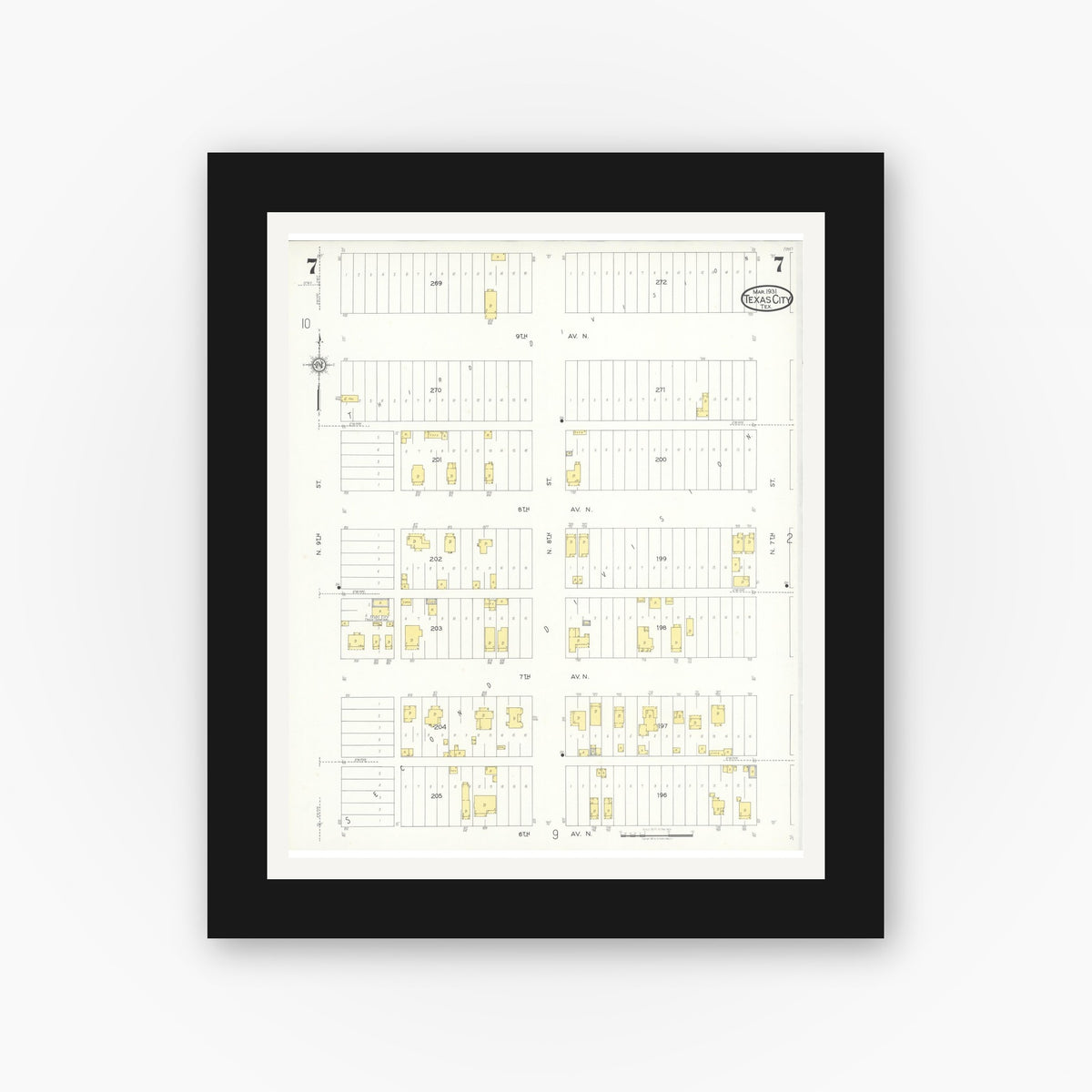 Old map wall art mockup — black gallery frame with white mat — Sanborn Fire Insurance Map from Texas City, Galveston County, Texas (1931), Sheet #0007