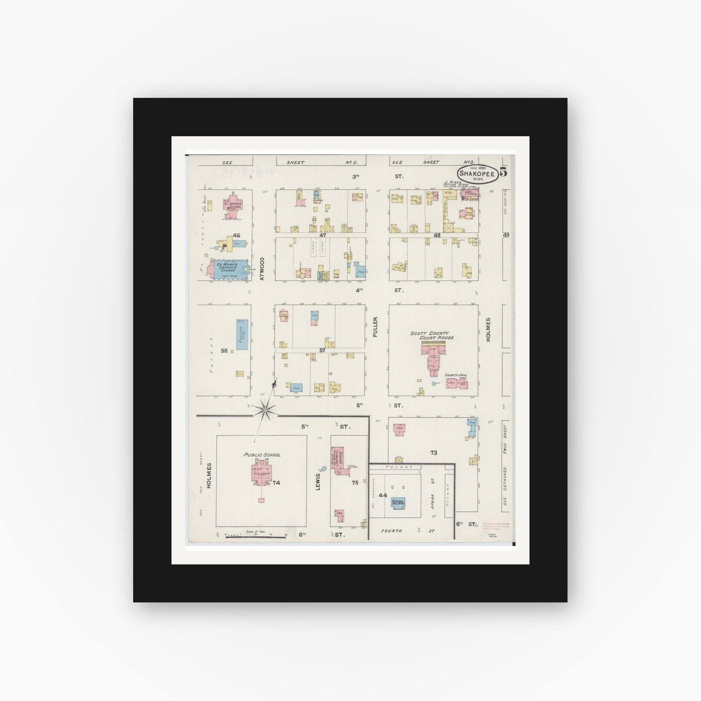 Old map wall art mockup — black gallery frame with white mat — Sanborn Fire Insurance Map from Shakopee, Scott County, Minnesota (1890), Sheet #0005
