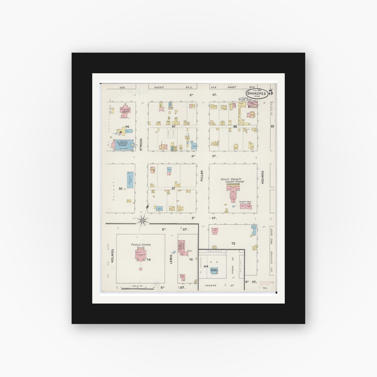 Old map wall art mockup — black gallery frame with white mat — Sanborn Fire Insurance Map from Shakopee, Scott County, Minnesota (1890), Sheet #0005