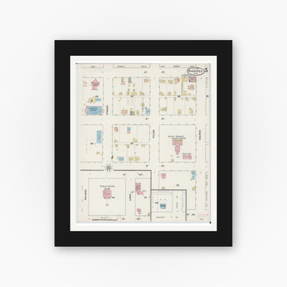 Old map wall art mockup — black gallery frame with white mat — Sanborn Fire Insurance Map from Shakopee, Scott County, Minnesota (1890), Sheet #0005
