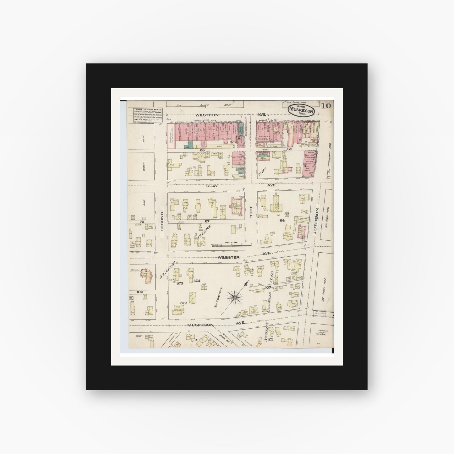 Old map wall art mockup — black gallery frame with white mat — Sanborn Fire Insurance Map from Muskegon, Muskegon County, Michigan (1883), Sheet #0010
