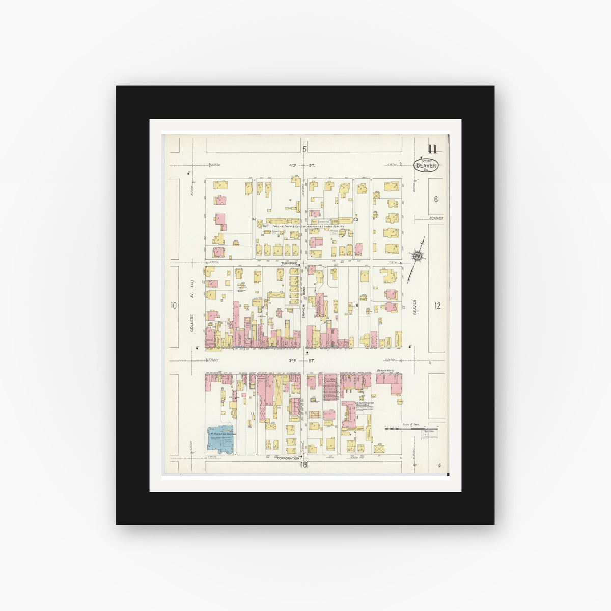 Old map wall art mockup — black gallery frame with white mat — Sanborn Fire Insurance Map from Beaver, Beaver County, Pennsylvania (1912), Sheet #0011