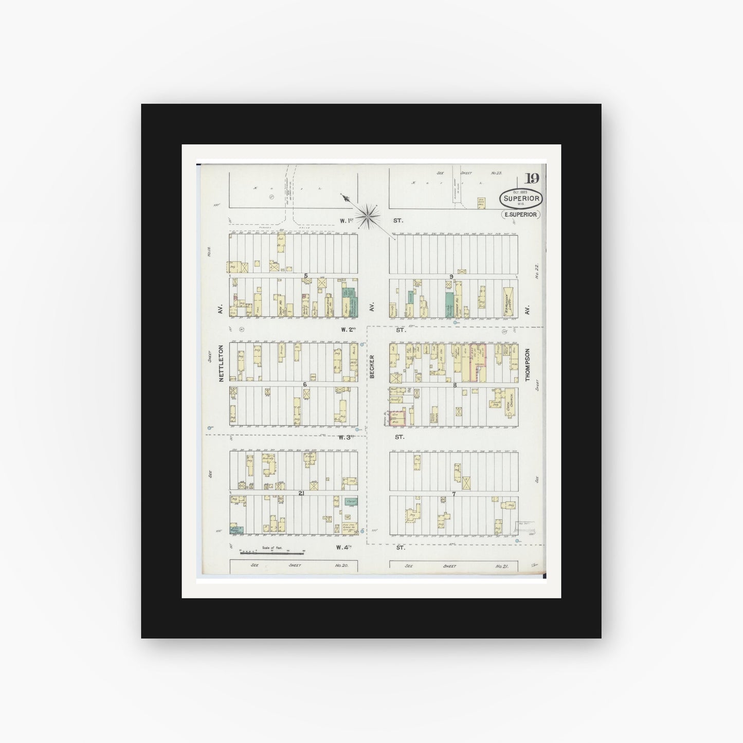 Old map wall art mockup — black gallery frame with white mat — Sanborn Fire Insurance Map from Superior, Douglas County, Wisconsin (1889), Sheet #0019