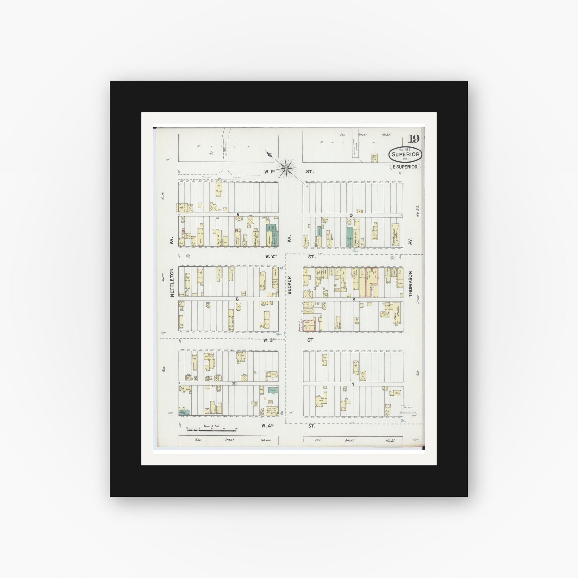 Old map wall art mockup — black gallery frame with white mat — Sanborn Fire Insurance Map from Superior, Douglas County, Wisconsin (1889), Sheet #0019
