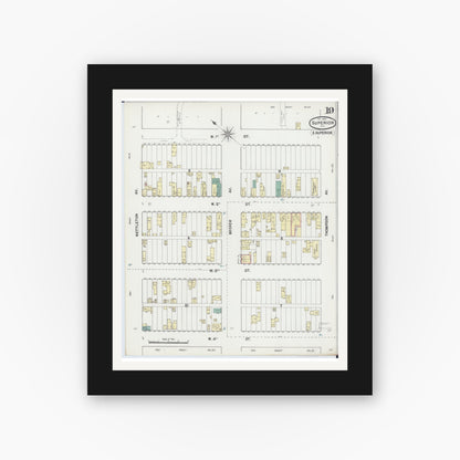 Old map wall art mockup — black gallery frame with white mat — Sanborn Fire Insurance Map from Superior, Douglas County, Wisconsin (1889), Sheet #0019