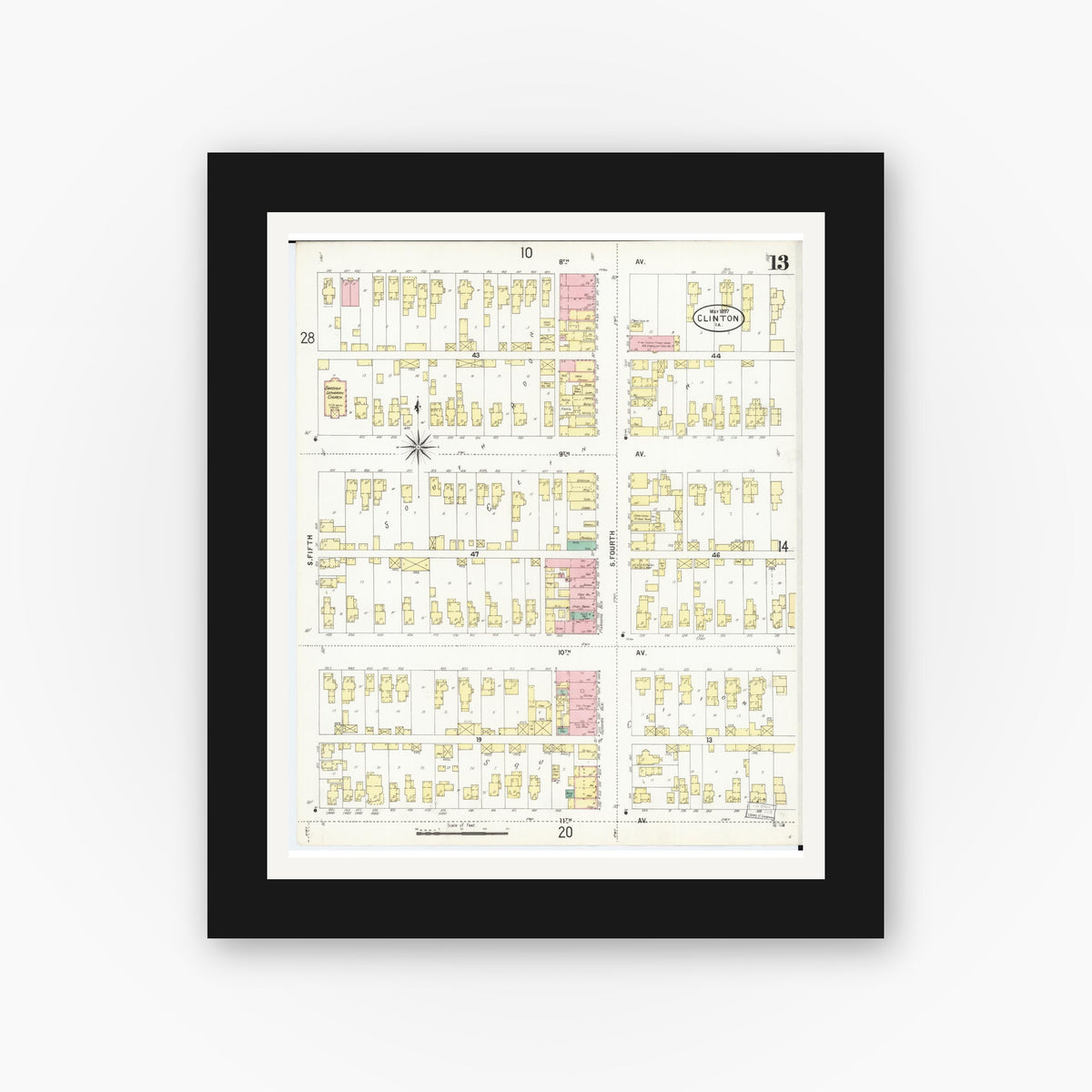 Old map wall art mockup — black gallery frame with white mat — Sanborn Fire Insurance Map from Clinton, Clinton County, Iowa (1897), Sheet #0013