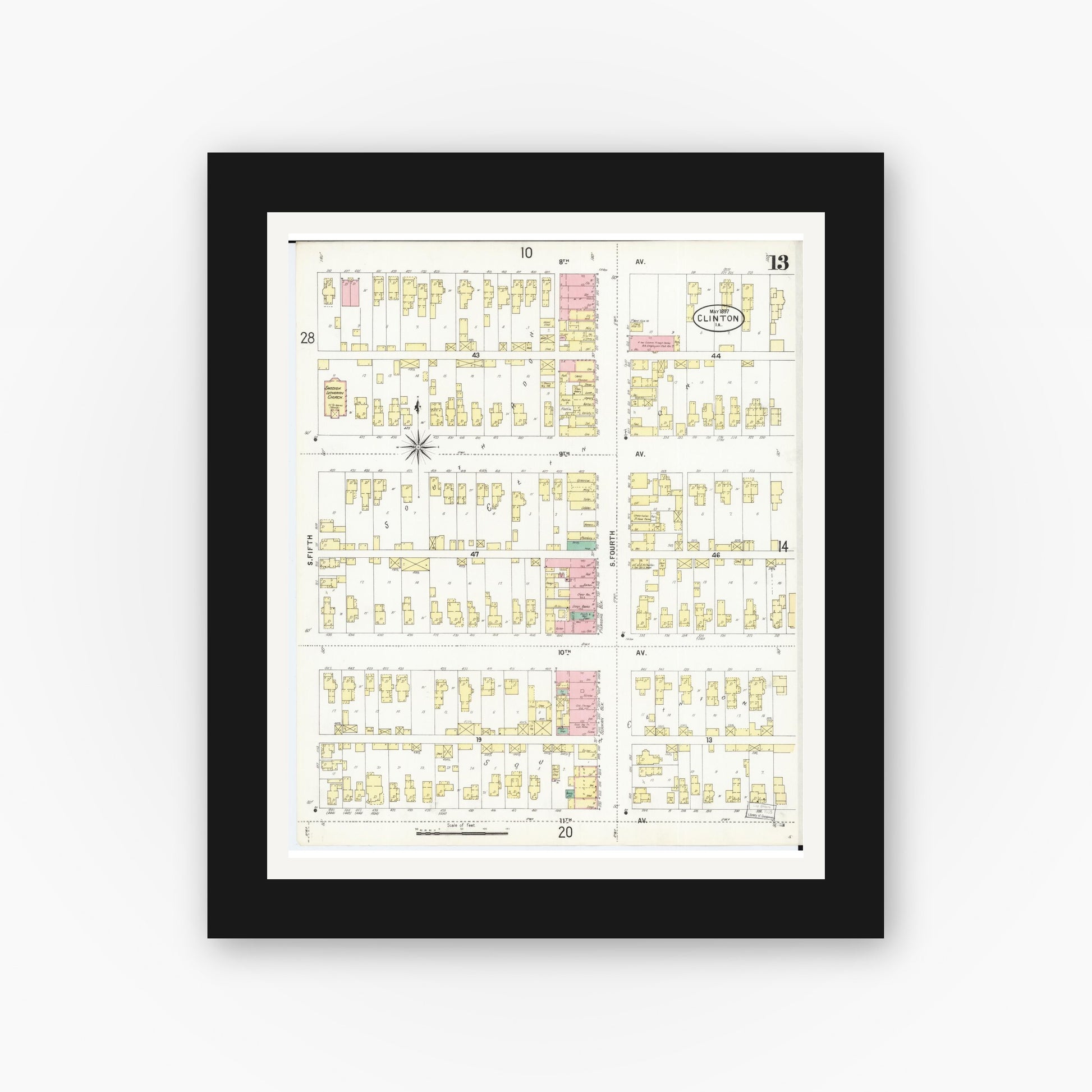 Old map wall art mockup — black gallery frame with white mat — Sanborn Fire Insurance Map from Clinton, Clinton County, Iowa (1897), Sheet #0013