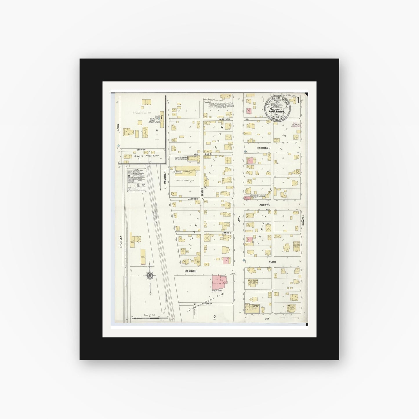 Old map wall art mockup — black gallery frame with white mat — Sanborn Fire Insurance Map from Ashville, Pickaway County, Ohio (1910) - Complete Map Set