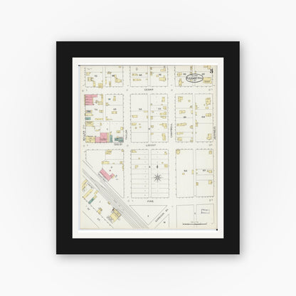 Old map wall art mockup — black gallery frame with white mat — Sanborn Fire Insurance Map from Pleasant Hill, Cass County, Missouri (1893), Sheet #0003