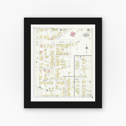 Old map wall art mockup — black gallery frame with white mat — Sanborn Fire Insurance Map from Cambridge, Guernsey County, Ohio (1909), Sheet #0019