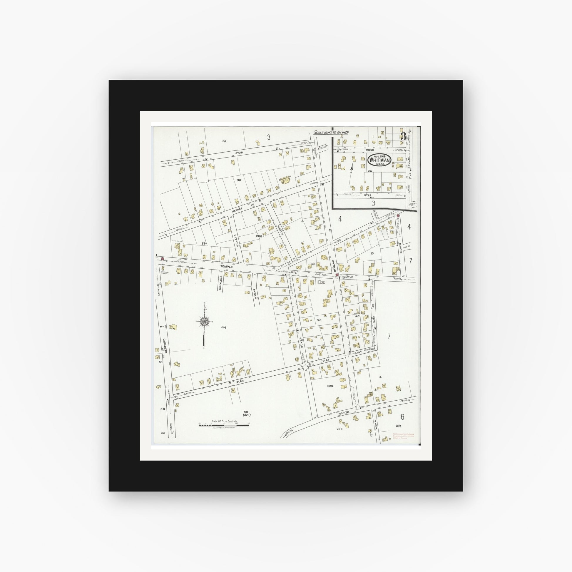 Old map wall art mockup — black gallery frame with white mat — Sanborn Fire Insurance Map from Whitman, Plymouth County, Massachusetts (1919), Sheet #0003