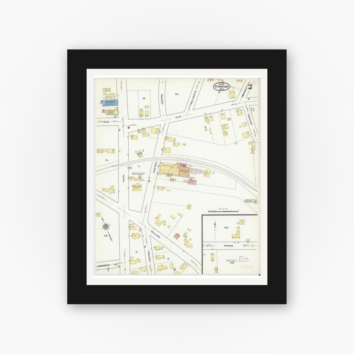 Old map wall art mockup — black gallery frame with white mat — Sanborn Fire Insurance Map from Stoneham, Middlesex County, Massachusetts (1916), Sheet #0002