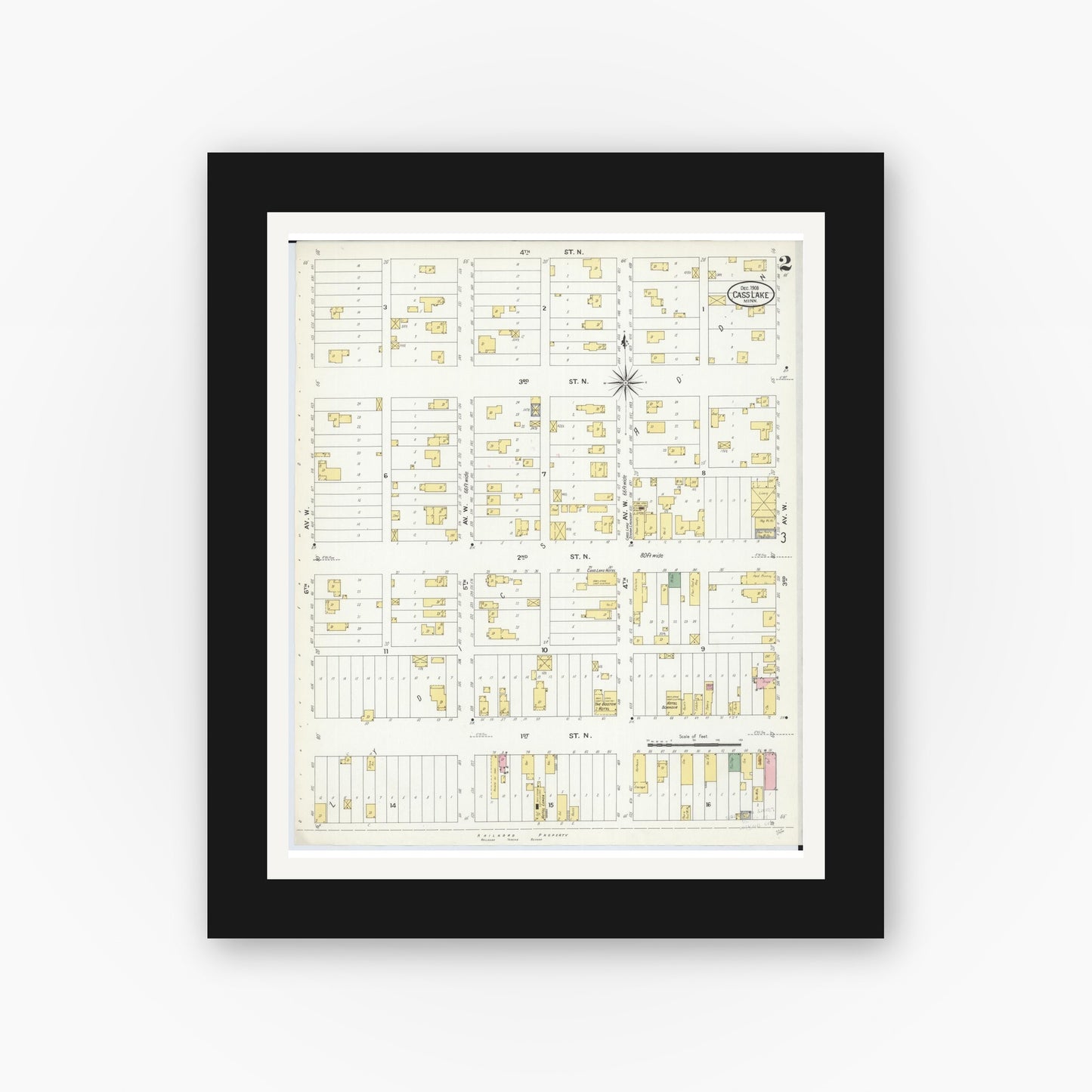 Old map wall art mockup — black gallery frame with white mat — Sanborn Fire Insurance Map from Cass Lake, Cass County, Minnesota (1908), Sheet #0002
