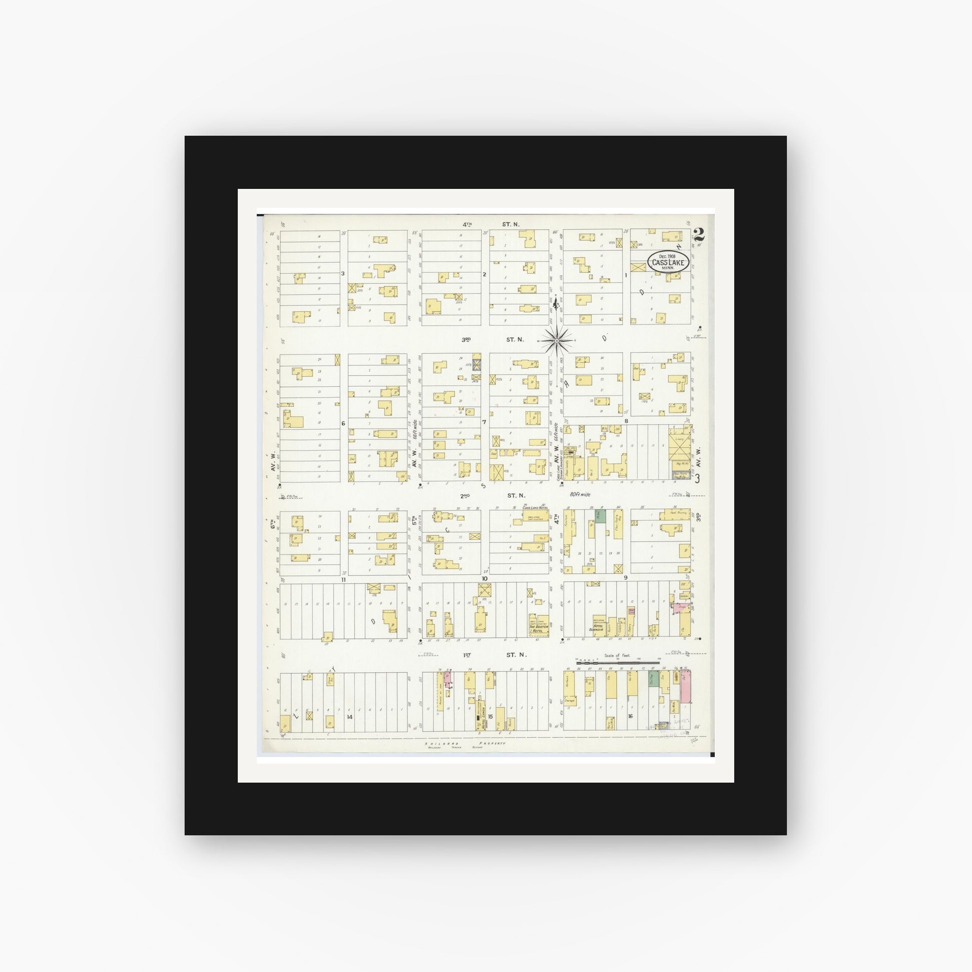 Old map wall art mockup — black gallery frame with white mat — Sanborn Fire Insurance Map from Cass Lake, Cass County, Minnesota (1908), Sheet #0002