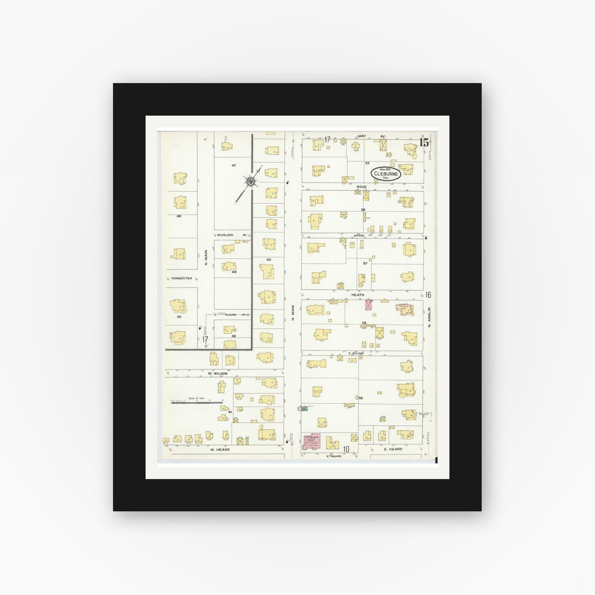 Old map wall art mockup — black gallery frame with white mat — Sanborn Fire Insurance Map from Cleburne, Johnson County, Texas (1910), Sheet #0015
