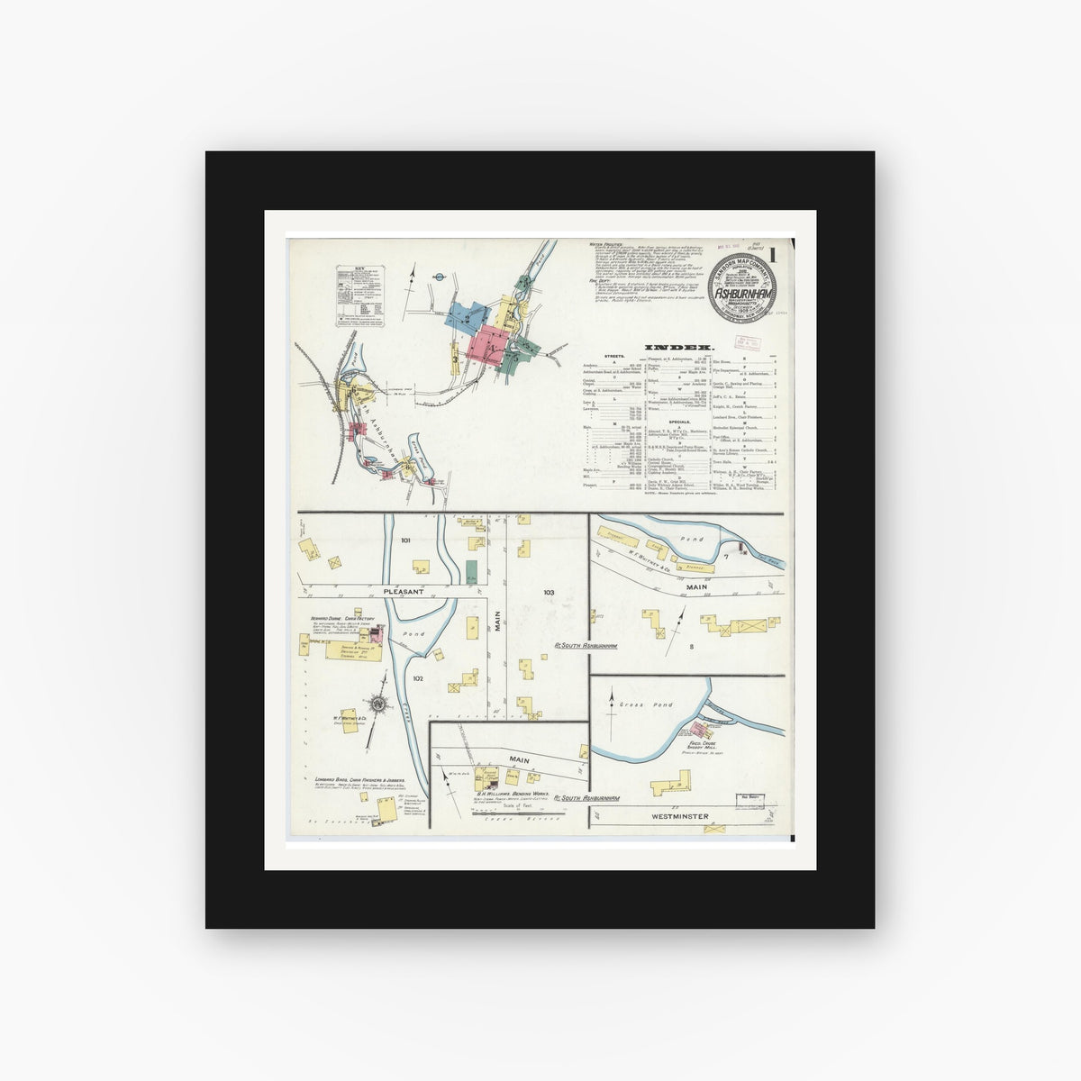 Old map wall art mockup — black gallery frame with white mat — Sanborn Fire Insurance Map from Ashburnham, Worcester County, Massachusetts (1909), Sheet #0001