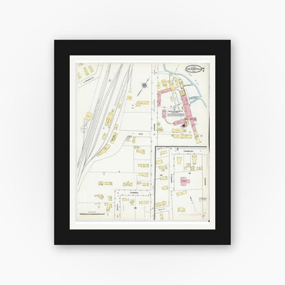 Old map wall art mockup — black gallery frame with white mat — Sanborn Fire Insurance Map from Shelburne Falls, Franklin County, Massachusetts (1910), Sheet #0007