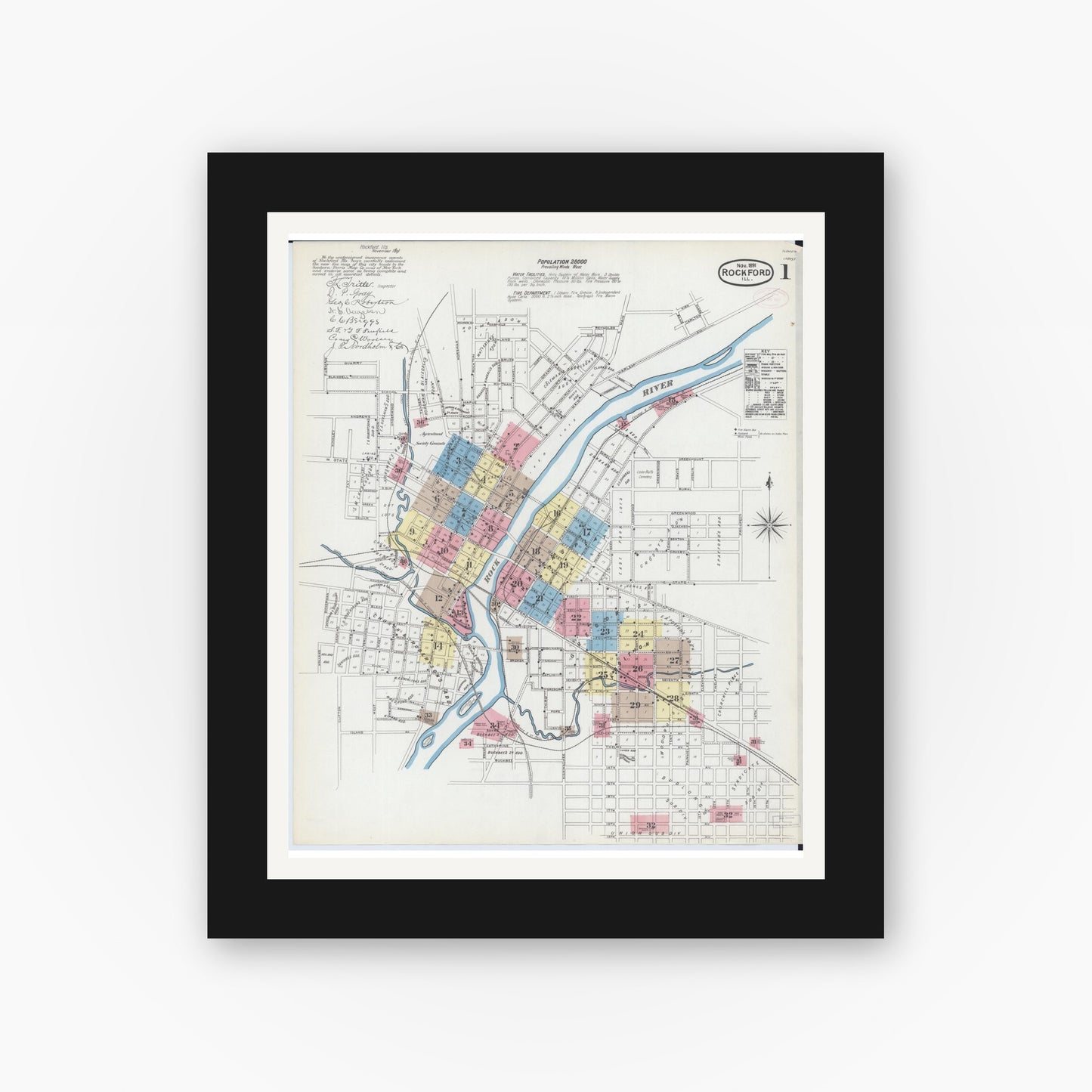 Old map wall art mockup — black gallery frame with white mat — Sanborn Fire Insurance Map from Rockford, Winnebago County, Illinois (1891) - Complete Map Set