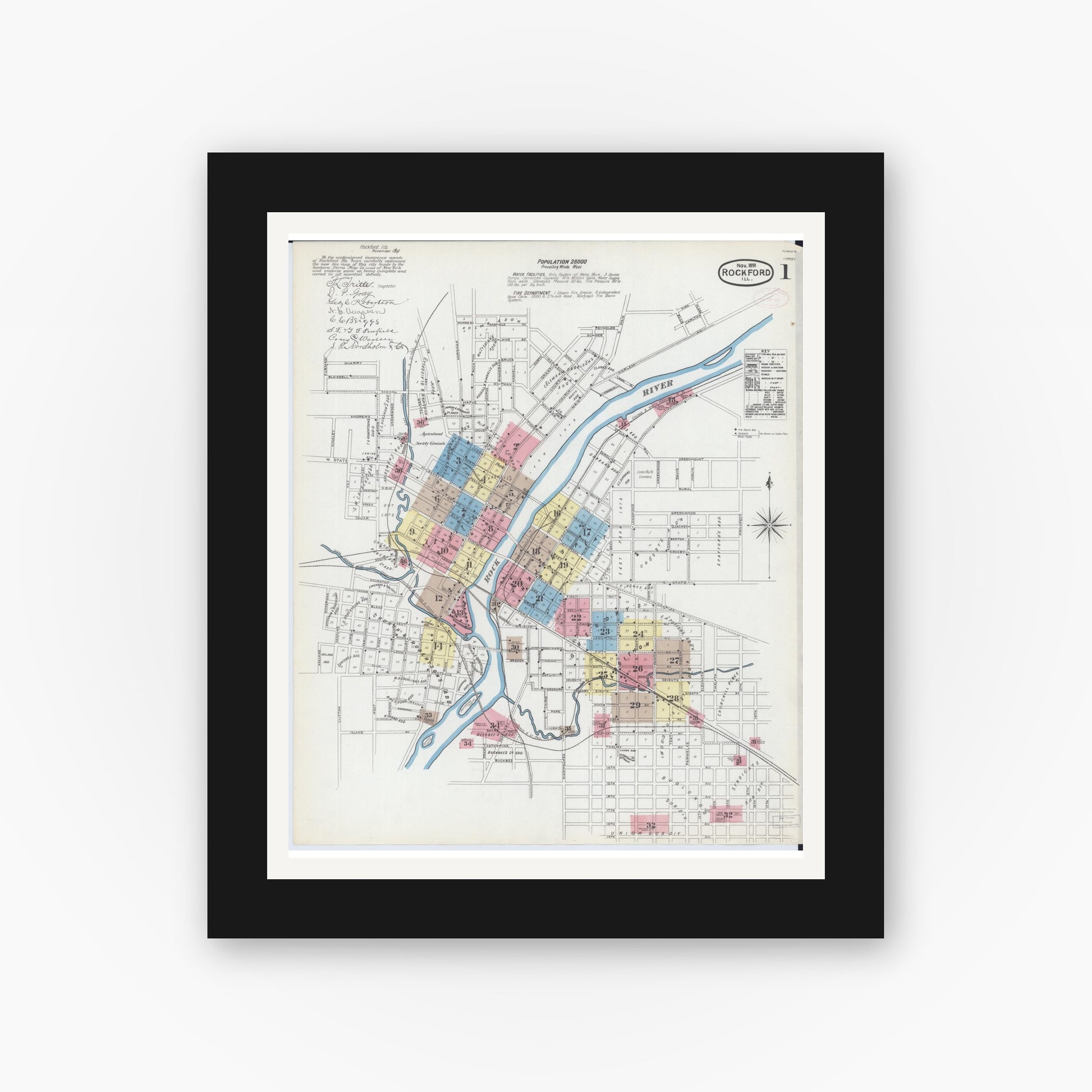 Old map wall art mockup — black gallery frame with white mat — Sanborn Fire Insurance Map from Rockford, Winnebago County, Illinois (1891) - Complete Map Set