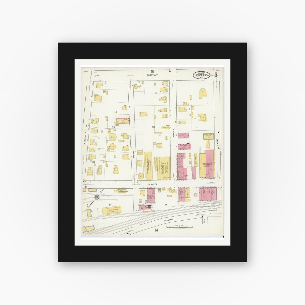 Old map wall art mockup — black gallery frame with white mat — Sanborn Fire Insurance Map from Henderson, Vance County, North Carolina (1917), Sheet #0005