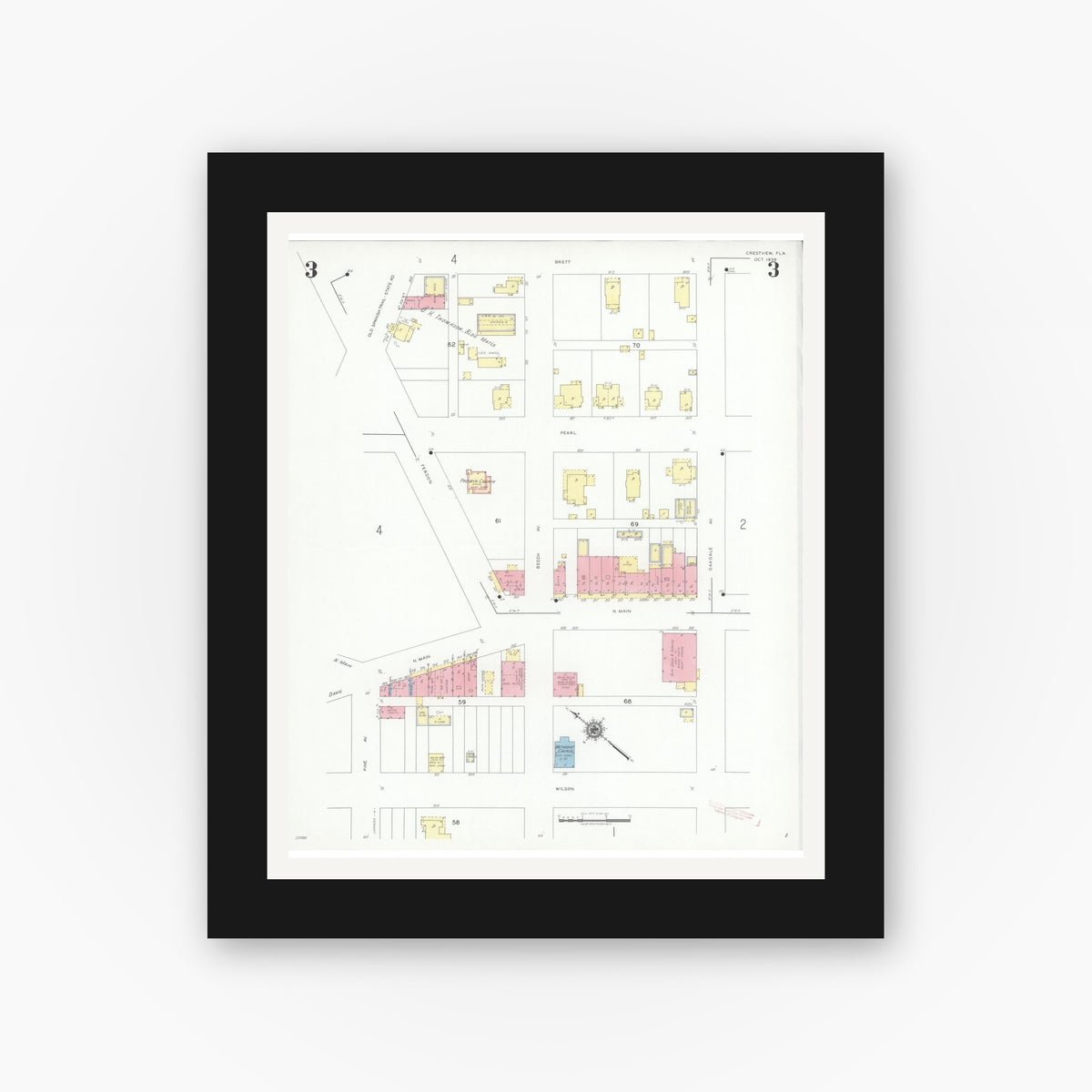 Old map wall art mockup — black gallery frame with white mat — Sanborn Fire Insurance Map from Crestview, Okaloosa County, Florida (1939), Sheet #0003