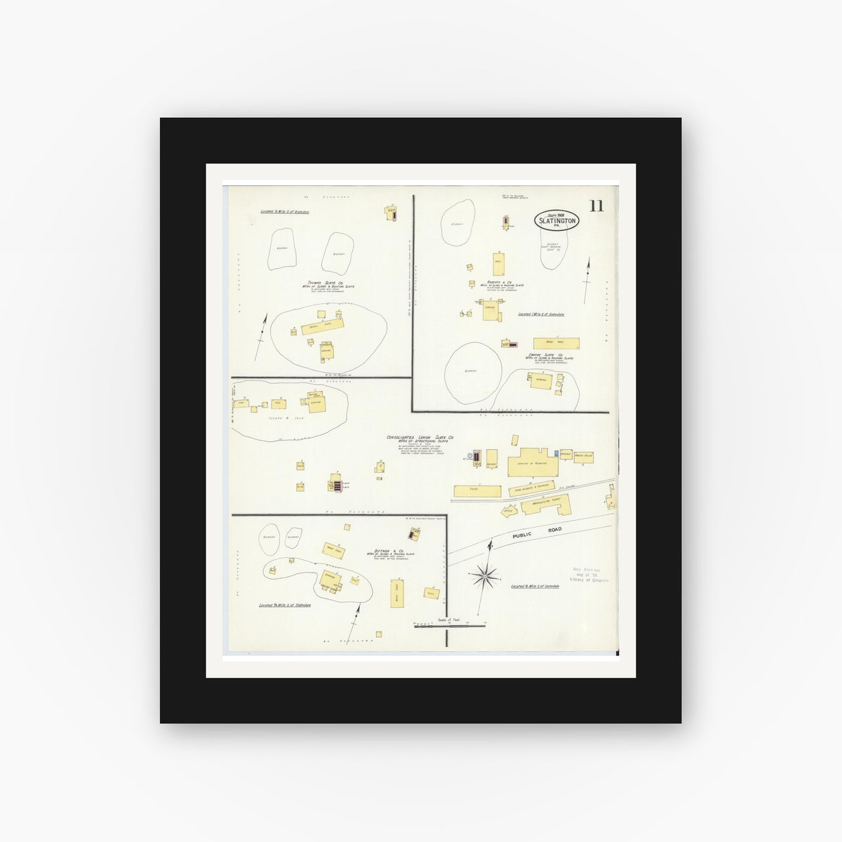 Old map wall art mockup — black gallery frame with white mat — Sanborn Fire Insurance Map from Slatington, Lehigh County, Pennsylvania (1908), Sheet #0011