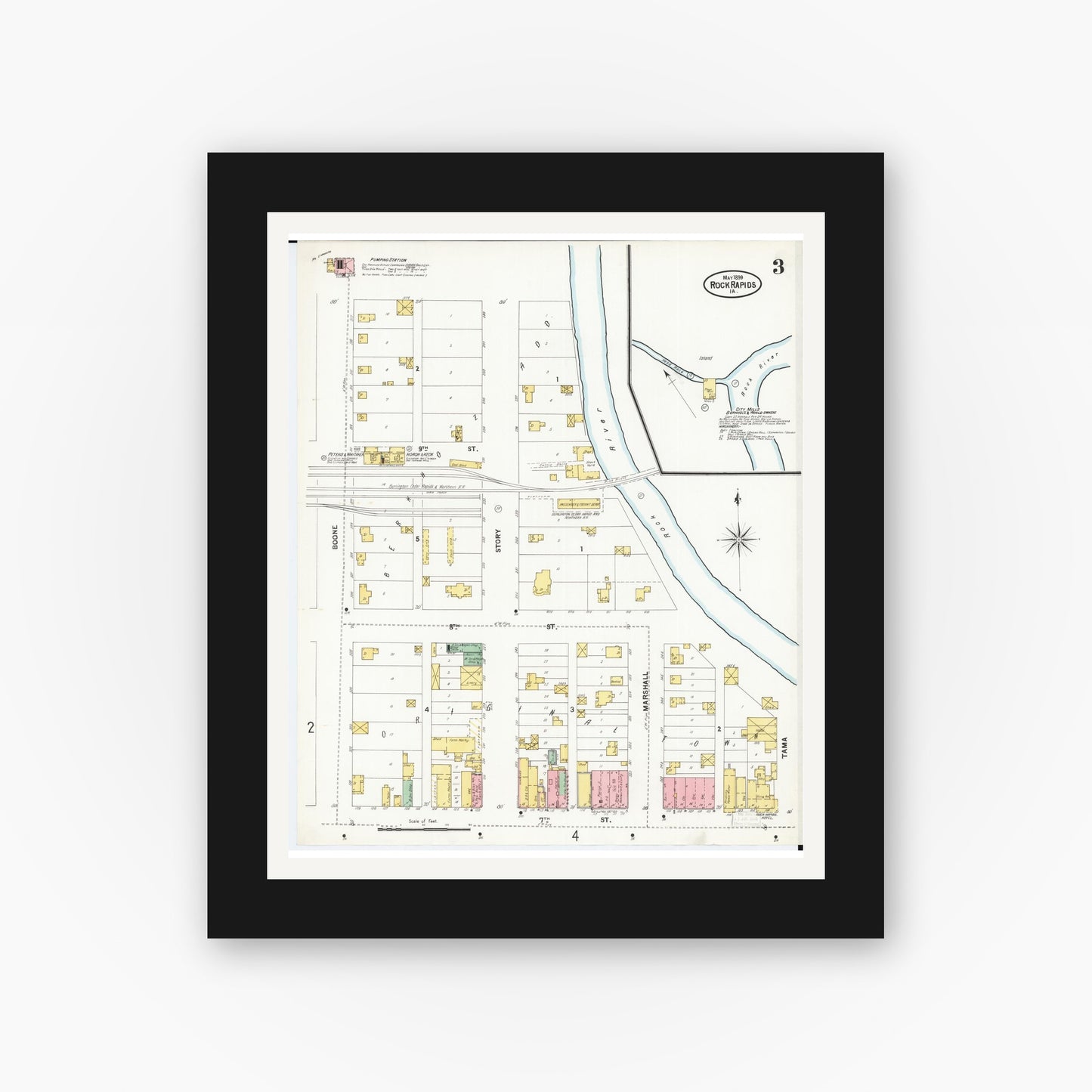 Old map wall art mockup — black gallery frame with white mat — Sanborn Fire Insurance Map from Rock Rapids, Lyon County, Iowa (1899), Sheet #0003