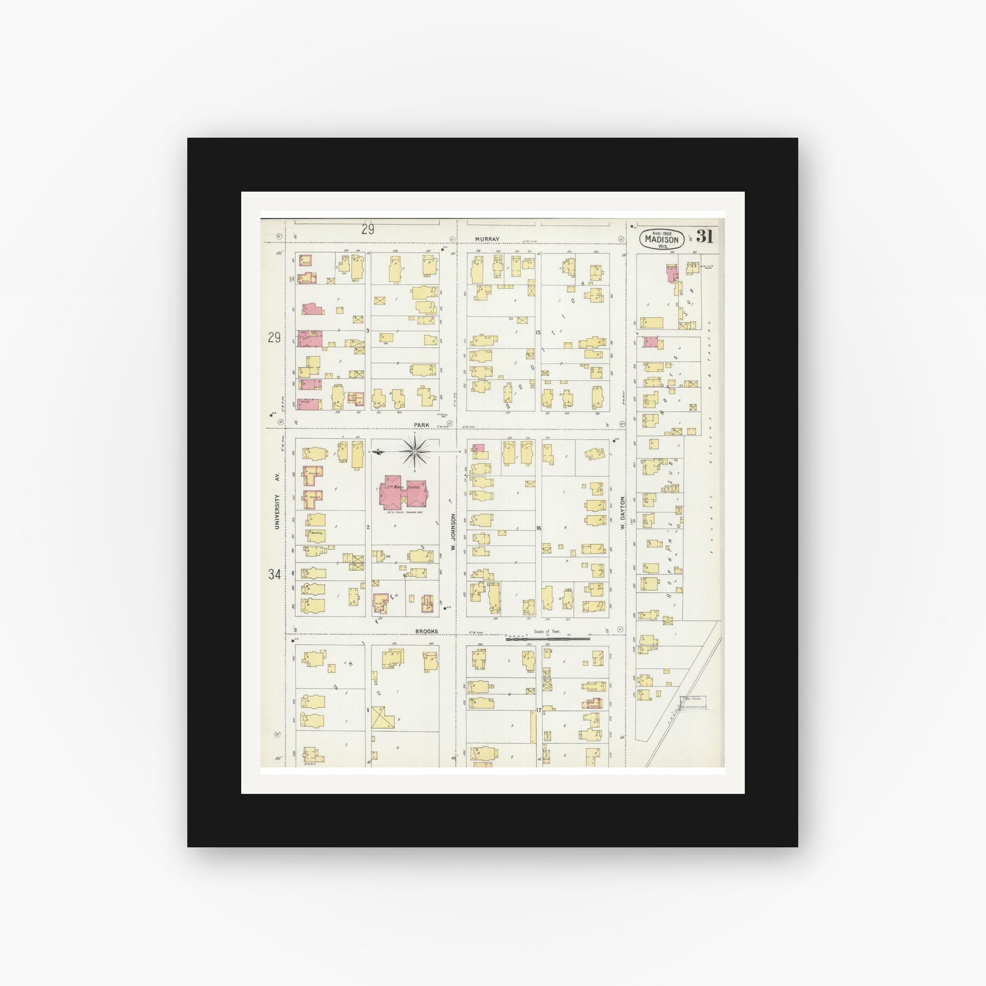Old map wall art mockup — black gallery frame with white mat — Sanborn Fire Insurance Map from Madison, Dane County, Wisconsin (1902), Sheet #0031