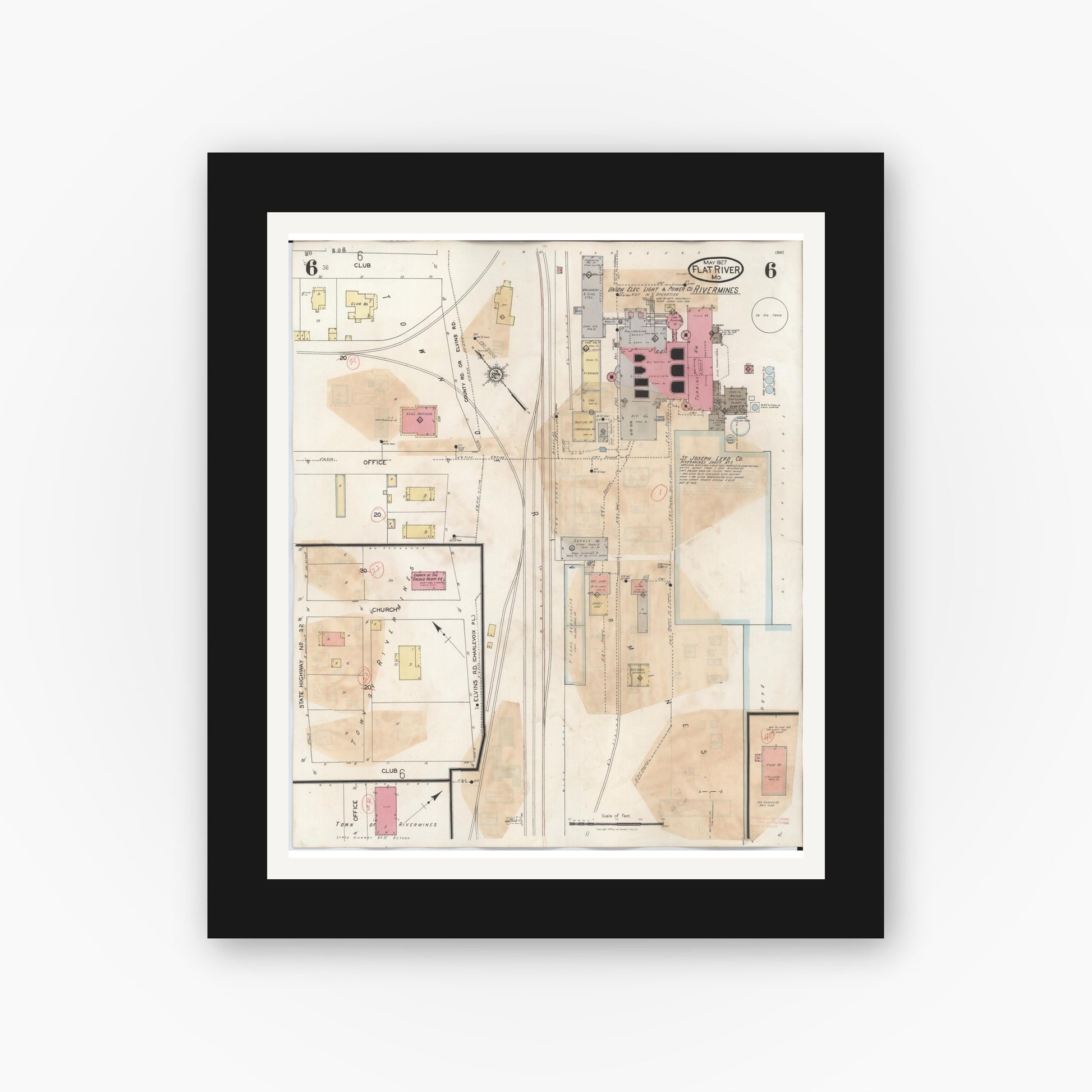 Old map wall art mockup — black gallery frame with white mat — Sanborn Fire Insurance Map from Flat River, Saint Francois County, Missouri (1938), Sheet #0006
