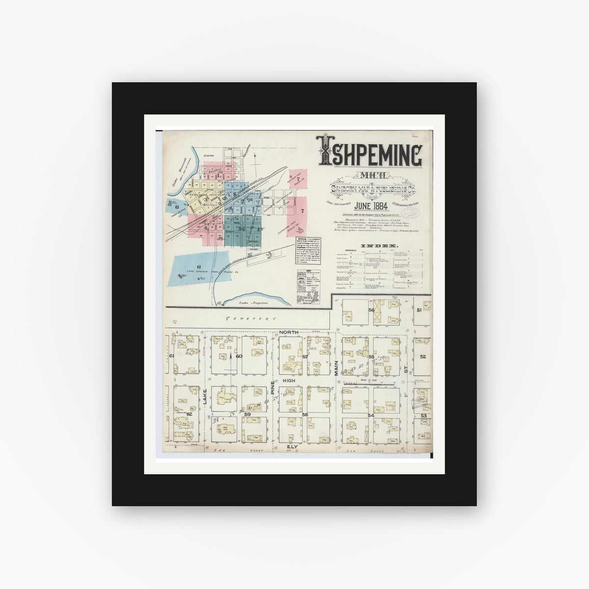 Old map wall art mockup — black gallery frame with white mat — Sanborn Fire Insurance Map from Ishpeming, Marquette County, Michigan (1884), Sheet #0001
