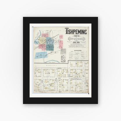Old map wall art mockup — black gallery frame with white mat — Sanborn Fire Insurance Map from Ishpeming, Marquette County, Michigan (1884), Sheet #0001