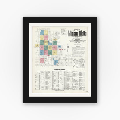 Old map wall art mockup — black gallery frame with white mat — Sanborn Fire Insurance Map from Mineral Wells, Palo Pinto County, Texas (1912) - Complete Map Set