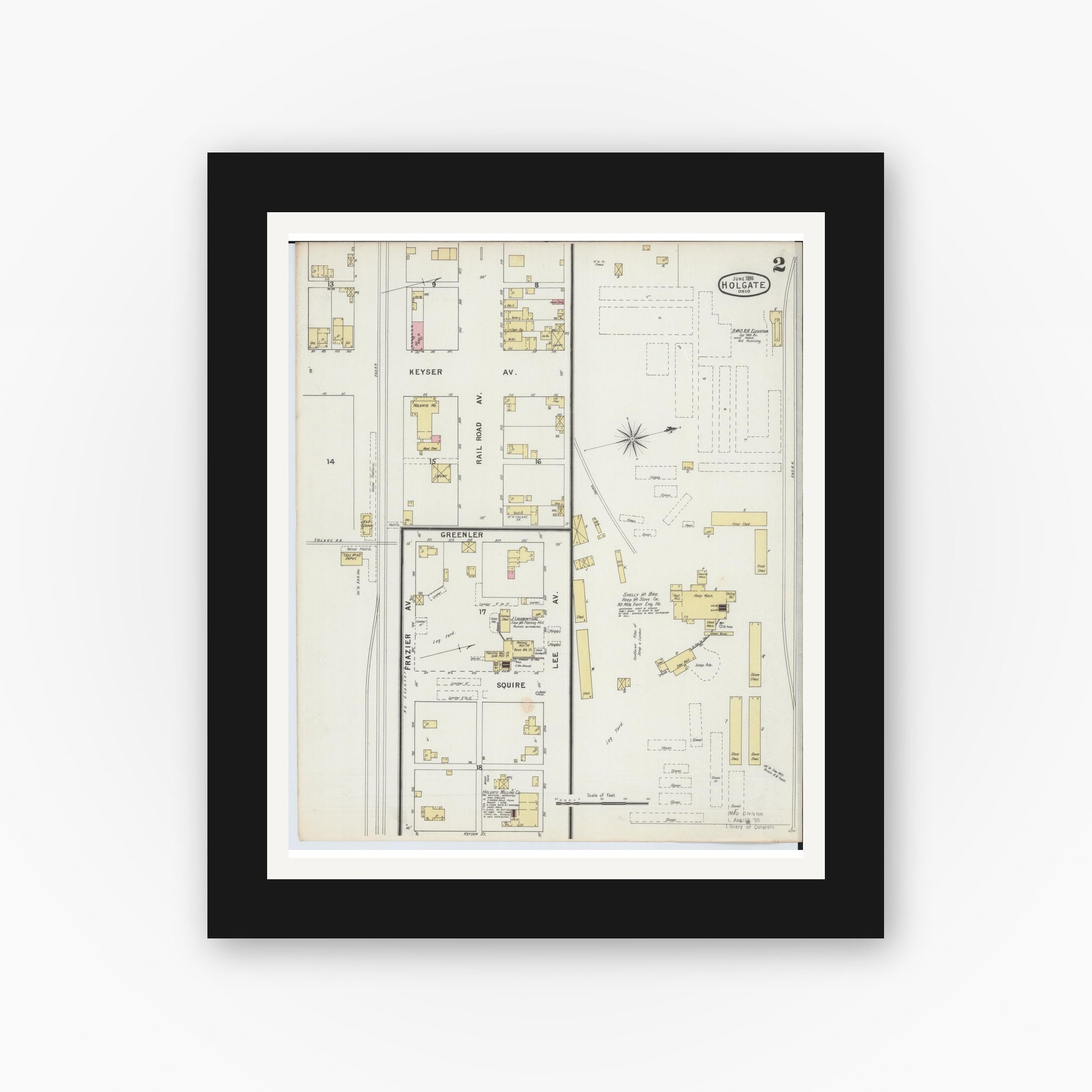 Old map wall art mockup — black gallery frame with white mat — Sanborn Fire Insurance Map from Holgate, Henry County, Ohio (1895), Sheet #0002